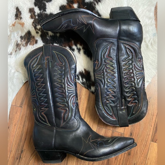 Don Quijote Other - SOLD Don Quijote Rainbow Stitched Black Leather Cowboy Boots Size 9.5 (28cm) 🌈